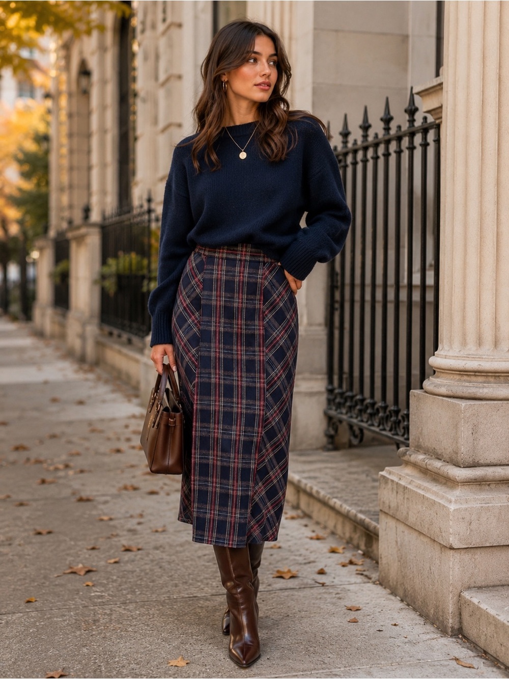 Urban Outfitters Navy and Burgundy Plaid Midi Pencil Skirt
